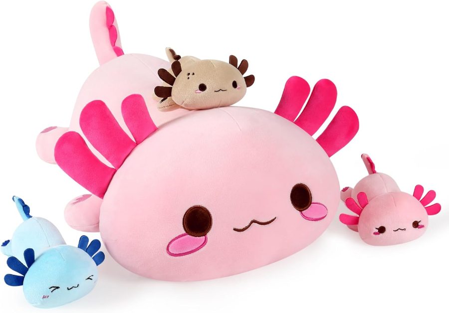 Axolotl Stuffed Animal Mommy 19.7" with 3 Baby Axolotl Plushies in Tummy, 4 Piece of Cute Axolotl Plush Pillow Toys for Kids Girls Boys (Pink Axolotl Family)