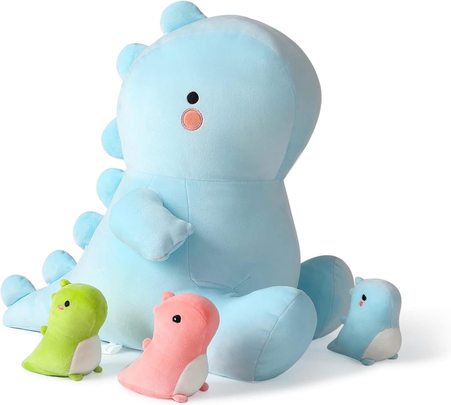 Dinosaur Stuffed Animal Mommy 19.6" with 3 Dino in her Tummy, 4 Piece of Cute Plush Pillow Toys for Kids Girls Boys (Blue Dinosaur Family)