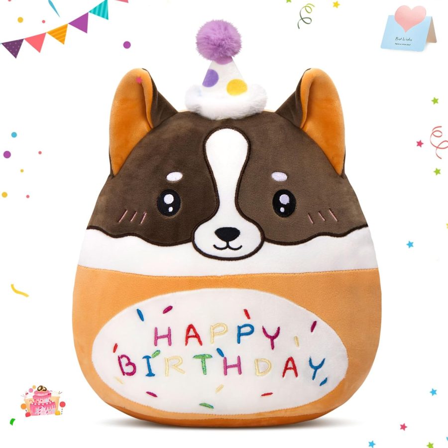 12" Happy Birthday Dog Plush Pillow Cute Stuffed Animal Soft Kawaii Birthday Plushie Pillows Home Room Decoration Gifts for Toddlers Kids Girls