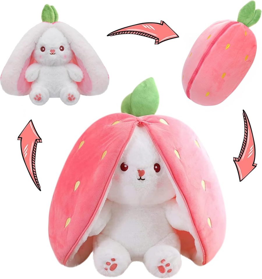 M Bunny Stuffed Animal Reversible Cuddle Bunny Stuffed,Strawberry Bunny Transformed Rabbit Plush Zipper,Carrot That Turns Into Ears Bunnies Plushies Toy Cute Stuffy Doll Easter Girlfriend Gift