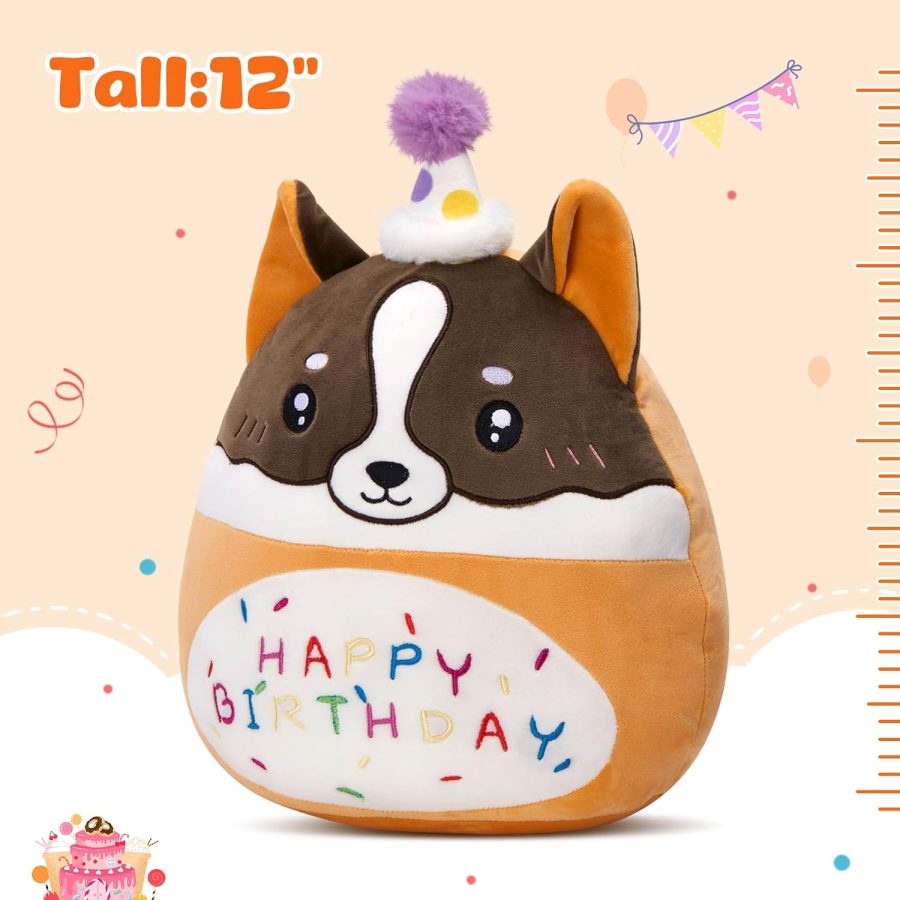 12" Happy Birthday Dog Plush Pillow Cute Stuffed Animal Soft Kawaii Birthday Plushie Pillows Home Room Decoration Gifts for Toddlers Kids Girls - Image 2