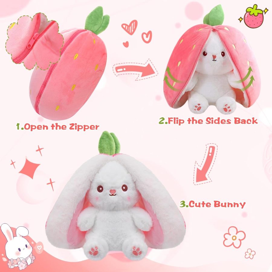 M Bunny Stuffed Animal Reversible Cuddle Bunny Stuffed,Strawberry Bunny Transformed Rabbit Plush Zipper,Carrot That Turns Into Ears Bunnies Plushies Toy Cute Stuffy Doll Easter Girlfriend Gift - Image 2