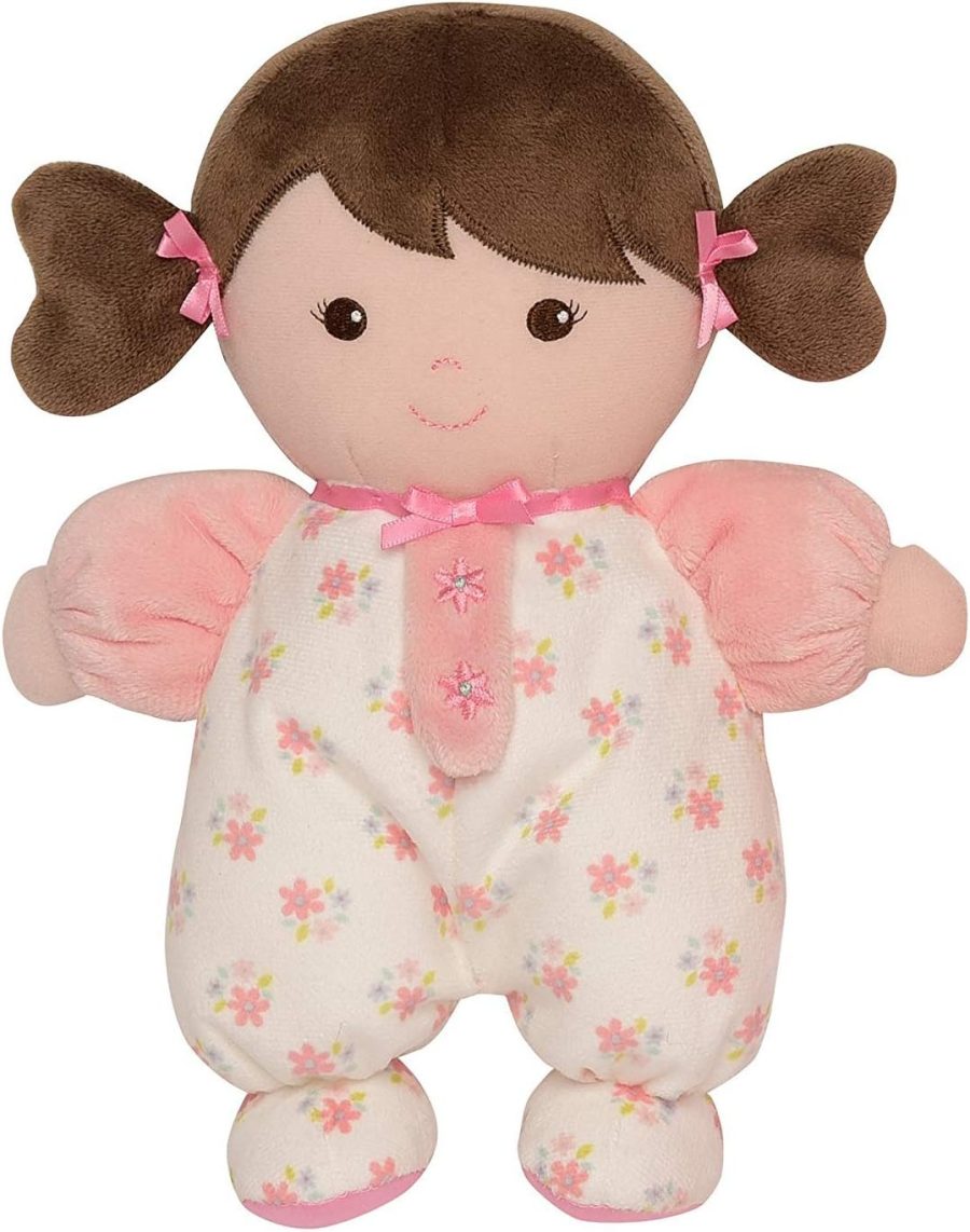 Plush Baby Doll with Rattle, Brunette Olivia, Pink, 9 inch