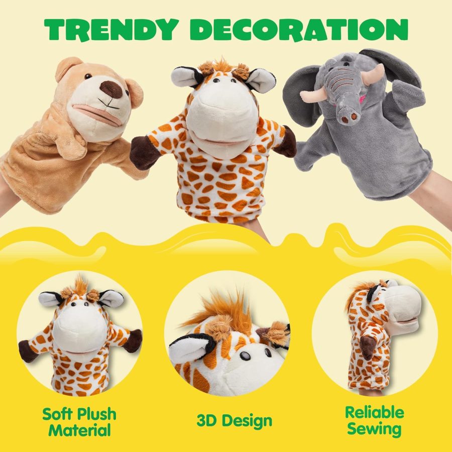 6Pcs Kids Hand Puppet Set with Working Mouth, Toddler Animal Plush Toy Includes Elephant, Giraffe, Lion, Bear, Raccoon and Monkey for Show Theater, Birthday Gifts, Easter Basket Stuffers - Image 2