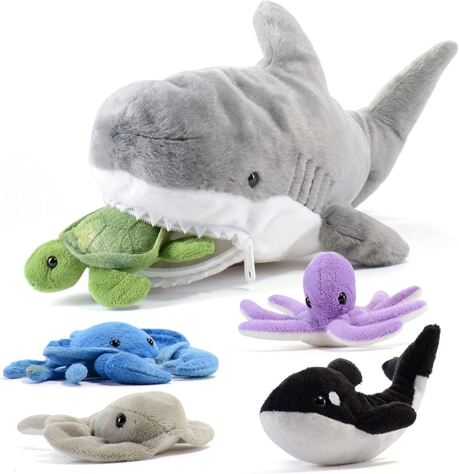 Plush Toy Shark Stuffed Animal with 5 Sea Animals - Shark Plush Toy with Turtle, Whale, Octopus, Stingray, Crab - Giant Stuffed Animals for Kids Aged 3 and Up - Fun Gift for Sea Animal Lovers
